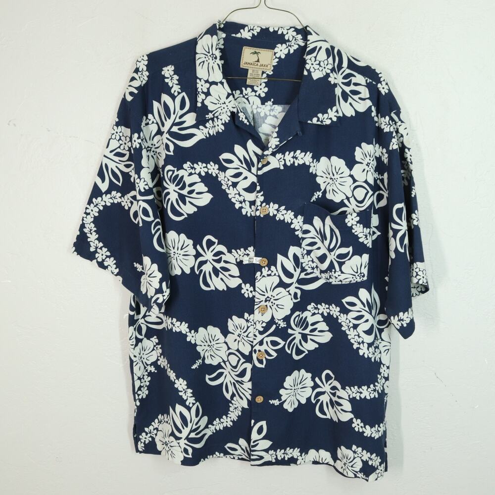 Jamaica Jaxx Hawaiian Silk Shirt Men XXL Blue Button Hibiscus Lei Short Sleeve